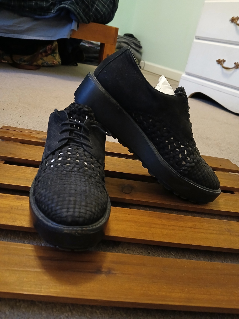 Women's Black Woven Leather Oxfords